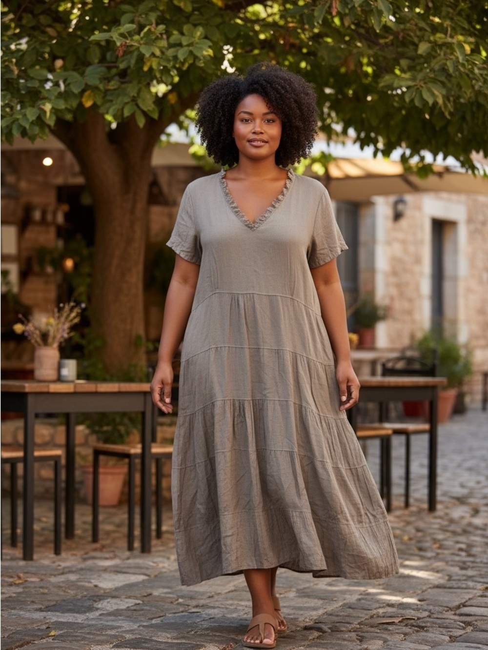 100% Lin Blanc Italy Linen Fringed V-Neck Dress Lagenlook Taupe Size 42 US 10